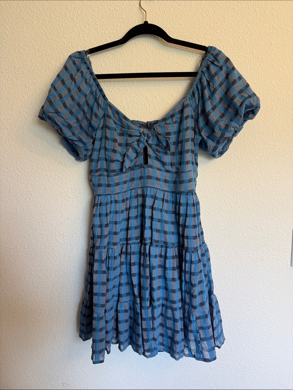 Trixxi Blue Plaid Puff-Sleeve Tie-Front Mini Dress
